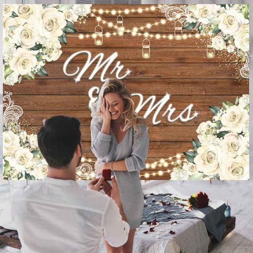 Mr and Mrs Bridal Shower Backdrop for Wedding Party Decorations White Floral Rustic Wooden Photography, alternate view 5
