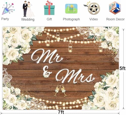 Mr and Mrs Bridal Shower Backdrop for Wedding Party Decorations White Floral Rustic Wooden Photography, alternate view 6