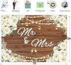 Mr and Mrs Bridal Shower Backdrop for Wedding Party Decorations White Floral Rustic Wooden Photography, alternate view 6