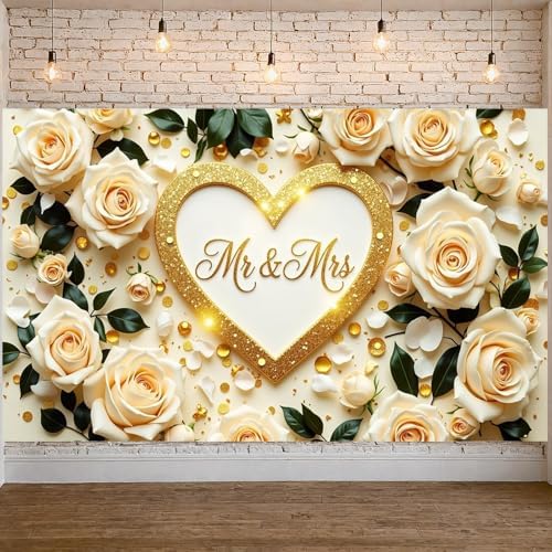 Mr & Mrs Wedding Banner Backdrop, Cream Rose Gold Heart Party Decoration(B)