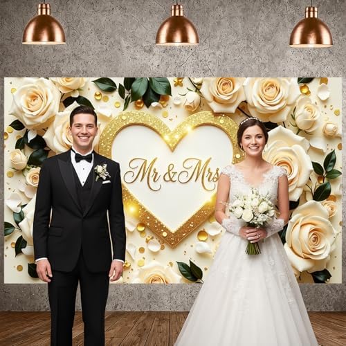 Mr & Mrs Wedding Banner Backdrop, Cream Rose Gold Heart Party Decoration(B), alternate view 4
