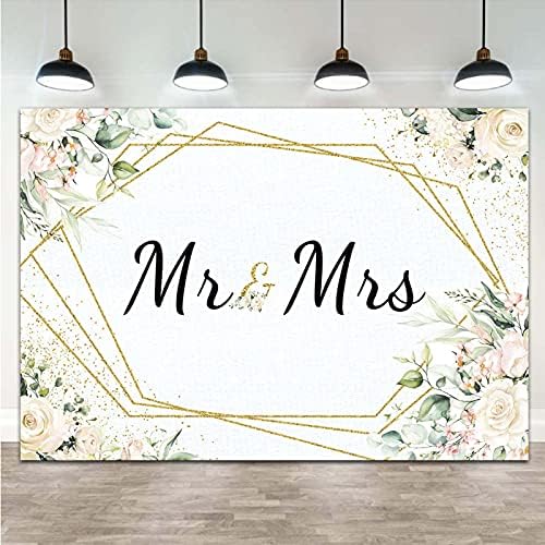 Mr & Mrs White Floral Bridal Shower Backdrop Mr Mrs Wedding Theme Photo Backgrounds 7x5ft Wedding Bride to Be, alternate view