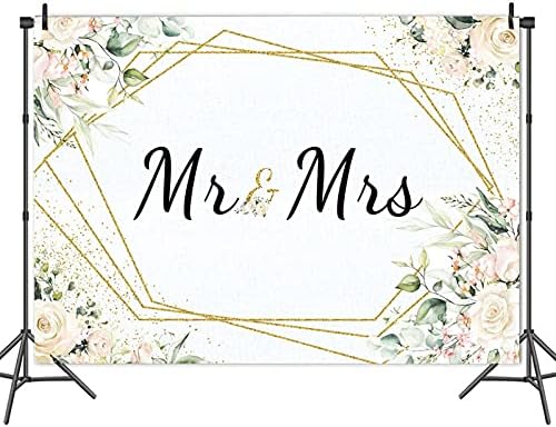 Mr & Mrs White Floral Bridal Shower Backdrop Mr Mrs Wedding Theme Photo Backgrounds 7x5ft Wedding Bride to Be, alternate view