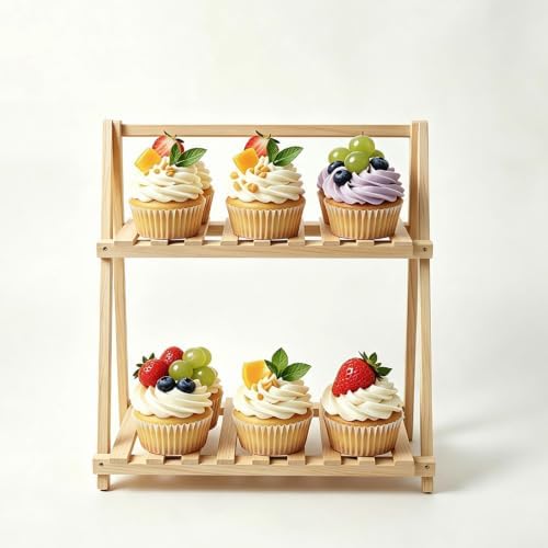 Multi-tier Display Stand, Natural Wood Finish, Foldable For Storage, Cupcake Stand For Dessert Tables