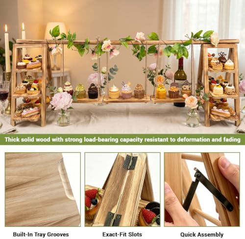 Multifunctional Wooden Dessert Table Display Set with Flower Decor in Charred Wood Grain, alternate view 3