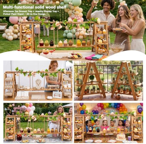 Multifunctional Wooden Dessert Table Display Set with Flower Decor in Charred Wood Grain, alternate view 5