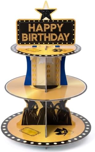 Musical Star Cupcake Stand - 3 Tier Dessert Holder Decoration in Black Gold