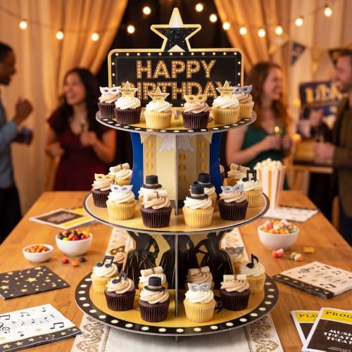 Musical Star Cupcake Stand - 3 Tier Dessert Holder Decoration in Black Gold, alternate view 2