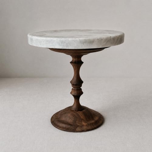 Natural Marble & Walnut Pedestal Tray, Round Riser, 5.9 in in White