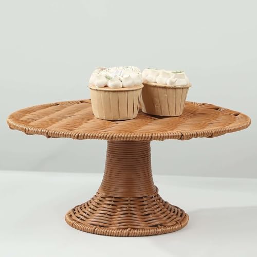 Natural Plastic Rattan Wicker Pedestal Cake Stand, Round Rustic Cupcake Holder Dessert Table Display Centerpiece