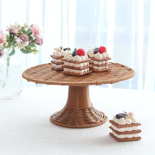 Natural Plastic Rattan Wicker Pedestal Cake Stand, Round Rustic Cupcake Holder Dessert Table Display Centerpiece, alternate