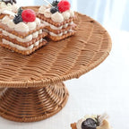 Natural Plastic Rattan Wicker Pedestal Cake Stand, Round Rustic Cupcake Holder Dessert Table Display Centerpiece, alternate