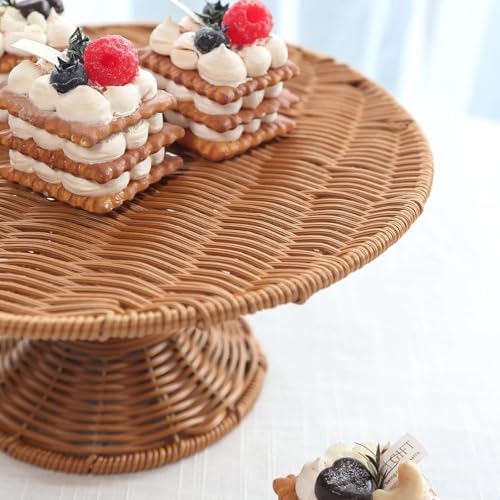Natural Plastic Rattan Wicker Pedestal Cake Stand, Round Rustic Cupcake Holder Dessert Table Display Centerpiece, alternate
