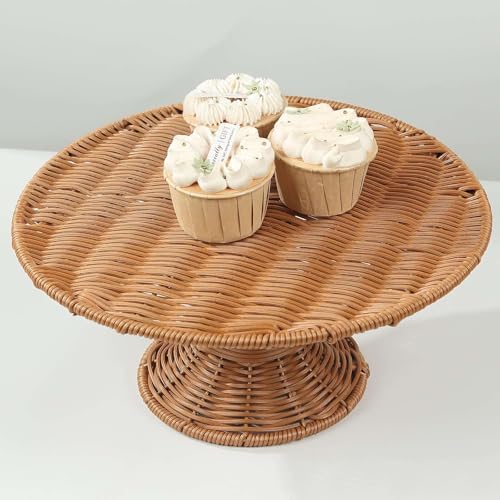 Natural Plastic Rattan Wicker Pedestal Cake Stand, Round Rustic Cupcake Holder Dessert Table Display Centerpiece, alternate