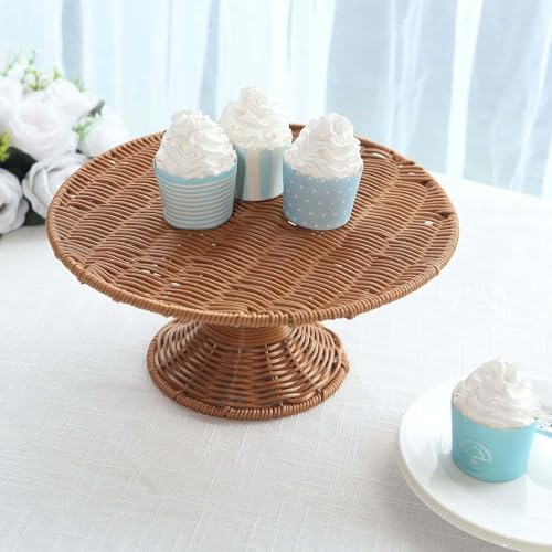 Natural Plastic Rattan Wicker Pedestal Cake Stand, Round Rustic Cupcake Holder Dessert Table Display Centerpiece, alternate