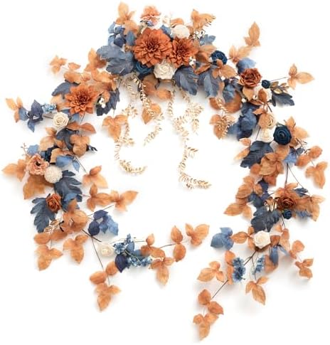 Navy Blue Artificial Flower Garland Wedding Arch 9 FT in 9FT in Or-russet Orange & Denim Blue