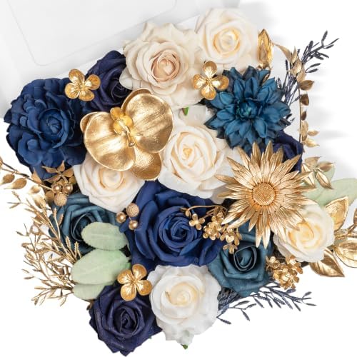 Navy Blue Artificial Flowers Combo, Rose Dahlia Wedding Decor in Navy Blue