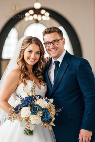 Navy Blue Artificial Flowers Combo, Rose Dahlia Wedding Decor in Navy Blue, alternate view 5