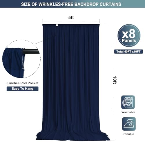 Navy Blue Backdrop Curtain - 40x10FT Back Drop Curtains for Parties Wrinkle-Free Soft Polyester Photo Backdrop, alternate