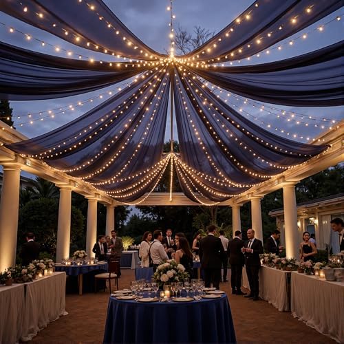 Navy Blue Ceiling Drapes with Lights String for Weddings, 6 Panels 5ftx10ft Sheer Tulle Backdrop Photo, alternate view 2