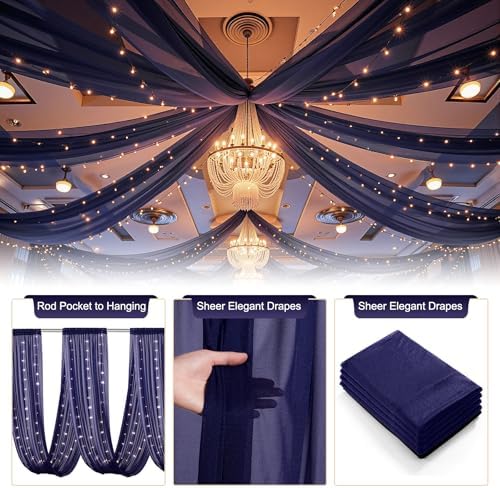 Navy Blue Ceiling Drapes with Lights String for Weddings, 6 Panels 5ftx10ft Sheer Tulle Backdrop Photo, alternate view 3