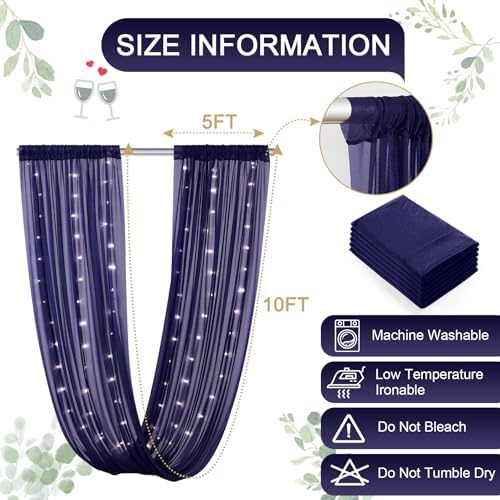 Navy Blue Ceiling Drapes with Lights String for Weddings, 6 Panels 5ftx10ft Sheer Tulle Backdrop Photo, alternate view 4