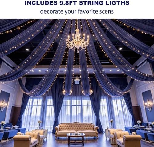 Navy Blue Ceiling Drapes with Lights String for Weddings, 6 Panels 5ftx10ft Sheer Tulle Backdrop Photo, alternate view 5