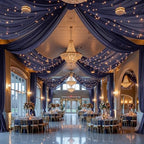 Navy Blue Ceiling Drapes with Lights String for Weddings, 6 Panels 5ftx10ft Sheer Tulle Backdrop Photo, alternate view 7