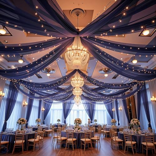 Navy Blue Ceiling Drapes with Lights String for Weddings, 6 Panels 5ftx20ft Sheer Tulle Backdrop Photo
