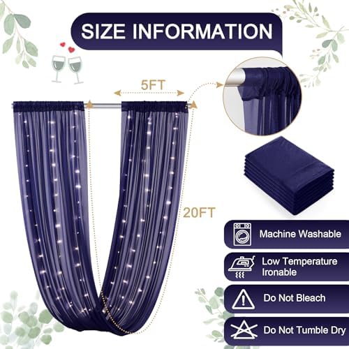 Navy Blue Ceiling Drapes with Lights String for Weddings, 6 Panels 5ftx20ft Sheer Tulle Backdrop Photo, alternate view 4
