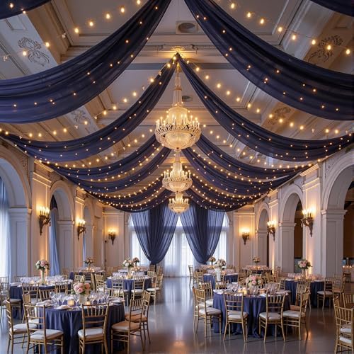 Navy Blue Ceiling Drapes with Lights String for Weddings, 6 Panels 5ftx20ft Sheer Tulle Backdrop Photo, alternate view 6