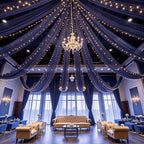 Navy Blue Ceiling Drapes with Lights String for Weddings, 6 Panels 5ftx30ft Sheer Tulle Backdrop Photo