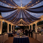 Navy Blue Ceiling Drapes with Lights String for Weddings, 6 Panels 5ftx30ft Sheer Tulle Backdrop Photo, alternate view 2