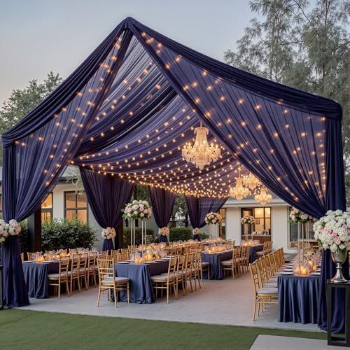 Navy Blue Ceiling Drapes with Lights String for Weddings, 6 Panels 5ftx30ft Sheer Tulle Backdrop Photo, alternate view 7
