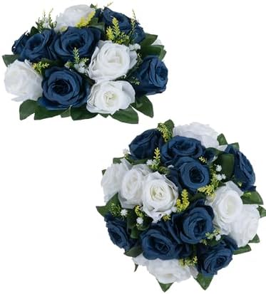 Navy Blue Rose Flowers: 2 Pcs Fake Floral Balls Centerpiece for Wedding Table Centerpieces - Artificial Silk
