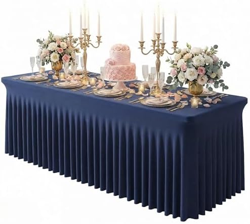Navy Blue Spandex Tablecloth for 8FT Rectangle Tables, Table Skirt