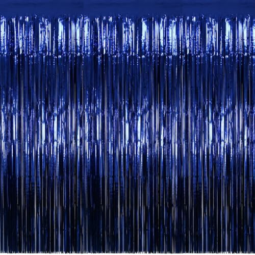 Navy Blue Tinsel Backdrop, 4 Pack 3.3 x 6.6 ft Foil Fringe Curtains in 3.3 x 6.6 ft