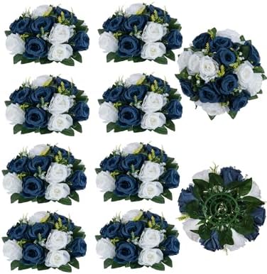 Navy Blue White Flowers for Centerpieces: 10 Pcs, Artificial Roses in 9.5"x4.75" in Navy Blue & White