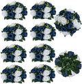 Navy Blue White Flowers for Centerpieces: 10 Pcs, Artificial Roses in 9.5"x4.75" in Navy Blue & White