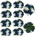 Navy Blue White Flowers for Centerpieces: 10 Pcs, Artificial Roses in 9.5"x4.75" in Navy Blue & White