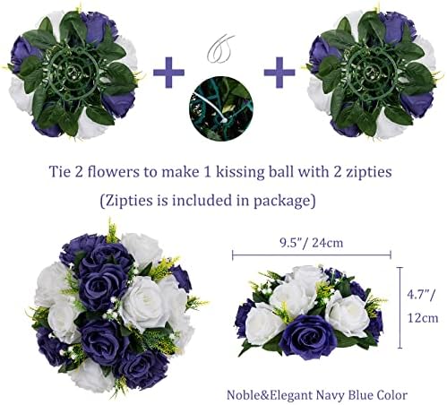 Navy Blue White Flowers for Centerpieces: 10 Pcs, Artificial Roses in 9.5"x4.75" in Navy Blue & White, alternate view 4