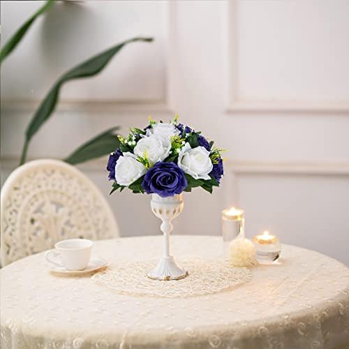 Navy Blue White Flowers for Centerpieces: 10 Pcs, Artificial Roses in 9.5"x4.75" in Navy Blue & White, alternate view 6