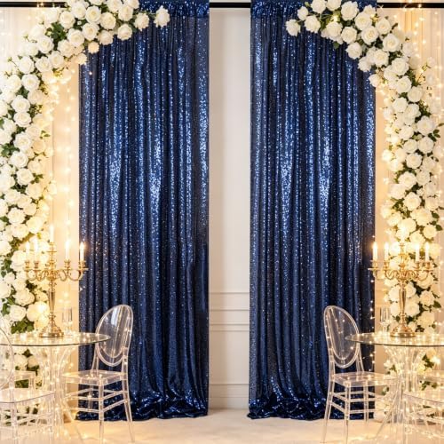 Navy Sequin Backdrop Curtains 2 Panels 4x7FT Wedding Party in 4FTx7FTx2PC in Navy Blue, alternate view 2