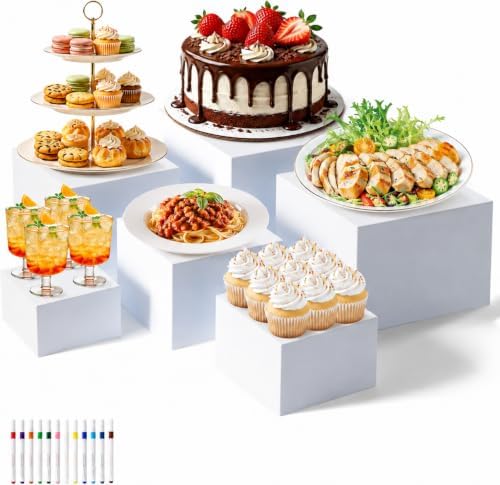 Nestable Buffet Risers - 6 Pcs White Acrylic Food Risers with Signs & Markers - Sturdy Dessert Table Display