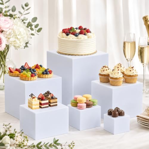 Nestable Buffet Risers - 6 Pcs White Acrylic Food Risers with Signs & Markers - Sturdy Dessert Table Display, alternate view