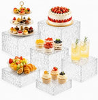 Nestable Buffet Risers - 6 Pcs White Acrylic Food Risers with Signs & Markers - Dessert Table Display Stands for