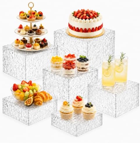 Nestable Buffet Risers - 6 Pcs White Acrylic Food Risers with Signs & Markers - Dessert Table Display Stands for