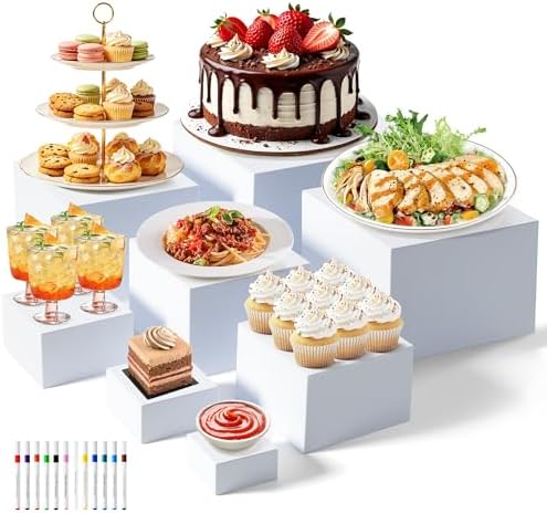 Nestable Buffet Risers - 8 Pcs White Acrylic Food Risers with Signs & Markers - Sturdy Dessert Table Display