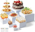 Nestable Buffet Risers - 8 Pcs White Acrylic Food Risers with Signs & Markers - Sturdy Dessert Table Display