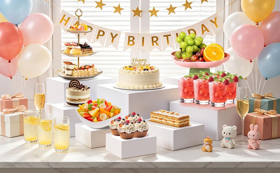 Nestable Buffet Risers - 8 Pcs White Acrylic Food Risers with Signs & Markers - Sturdy Dessert Table Display, alternate view